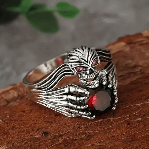 Silver Red Crystal Gothic Punk Claw Skull Ring - Picture 1 of 5